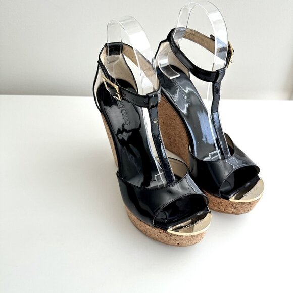 JIMMY CHOO Black Patent Leather T-Strap Platform Cork Wedge Sandals Size 38 - Picture 1 of 13